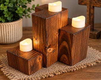 Handmade Wooden Tealight Candle Holder Set, Farmhouse Decor