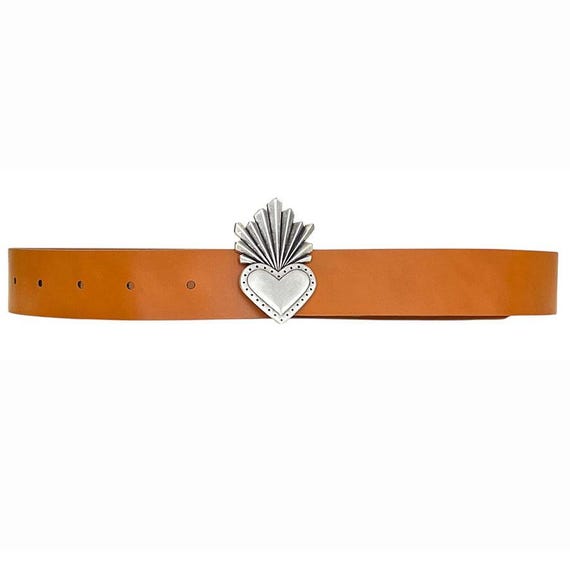 Wide Leather Belt With Carved Heart Buckle | Handmade  display picture 3