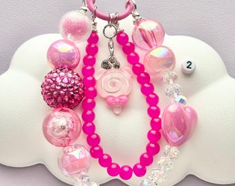 Strawberry Sweetpea PINK KAWAII Phone Charms | Chunky Bead Phone Strap