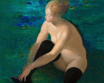 Woman with Black Stockings | CANVAS Art Print Framed or Unframed | Figurative Female Painting | Fine Art by I. Pojani