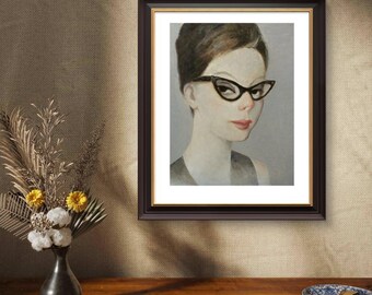Woman with Glasses Wall Art | Framed or Unframed Fine Art Print | Mid Century Modern Decor | Cat Eye Retro Art | Gift for Her