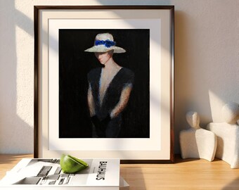 Woman in White Hat Art Print | Figurative Portrait Print | Moody Retro Wall Art | Framed or Unframed Wall Decor