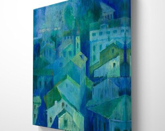 Corfu Greece at Dawn | Canvas Print | Blue Green Impressionist Cityscape Wall Art | Greek Island | Gallery Wrap or Framed Canvas