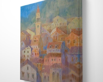 Corfu Greece at Noon | Canvas Print | Mediterranean Town Wall Art | Clock Tower | Impressionist Cityscape | Gallery Wrap or Framed Canvas