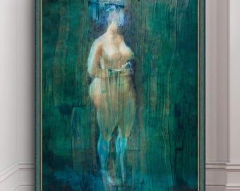 Self-Esteem | Figurative Nude Canvas Print | Teal Abstract Wall Art | Fine Art Reproduction | Gallery Wrap or Framed Canvas