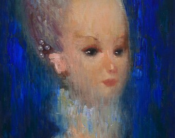 Marie Antoinette Inspired Portrait Print, Rococo Woman Wall Art, Elegant French Blue Feminine Fine Art Canvas or Framed Poster