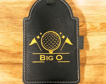 Engraved Faux Leather Golf Bag Tag with Tees, Personalized Golf Gift