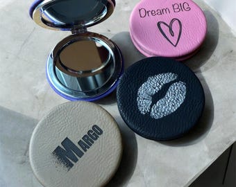 Personalized Leatherette Compact Mirror, Engraved Makeup Mirror, Bridesmaid Gift