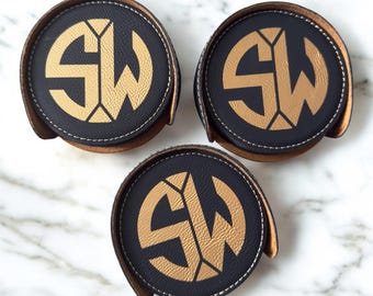 Custom Leather Coasters with Holder, Corporate Logo Gifts