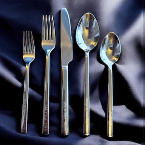 Personalized Dining UTENSIL FLATWARE set Fork Spoon Knife MODERN Custom Engraved Bridesmaid Housewarming Wedding