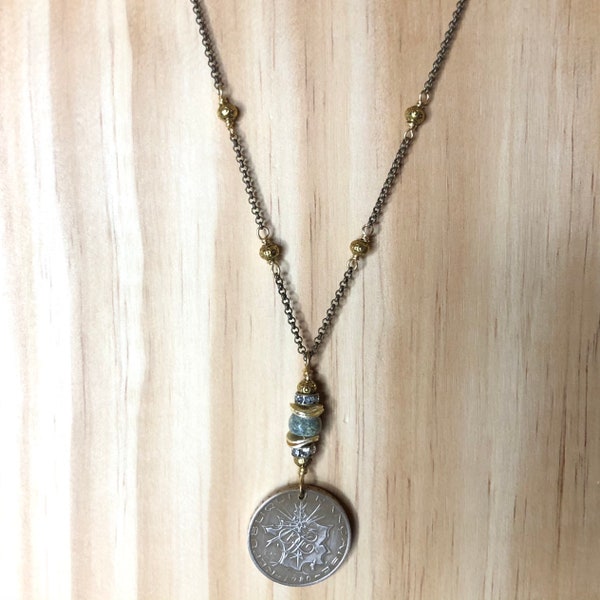 FRANCE- One of a Kind 1980 French Franc Coin Necklace with Beading - Reversible