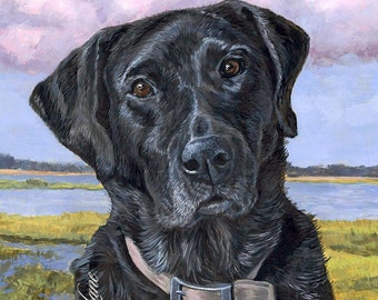 Custom Pet Portrait Painting, Black Lab Portrait, Black Labrador Retriever Art, Dog in Landscape, 11x14 Original Painting by Hope Lane
