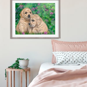 Cute Golden Retriever Puppies and Flowers wall art dog illustration puppy picture golden retriever painting dog canvas dog art wall decor image 2