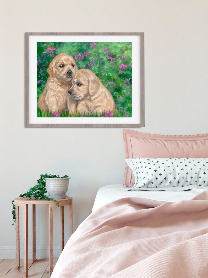 Cute Golden Retriever Puppies and Flowers wall art dog illustration puppy picture golden retriever painting dog canvas dog art wall decor image 2