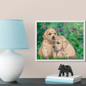 Cute Golden Retriever Puppies and Flowers wall art dog illustration puppy picture golden retriever painting dog canvas dog art wall decor image 3