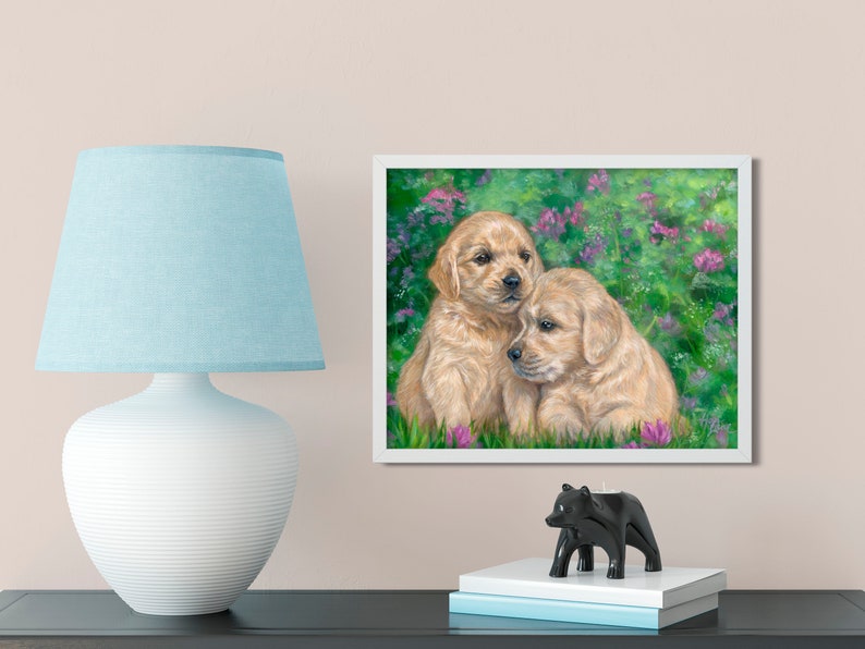 Cute Golden Retriever Puppies and Flowers wall art dog illustration puppy picture golden retriever painting dog canvas dog art wall decor image 3