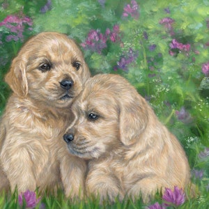 Cute Golden Retriever Puppies and Flowers wall art dog illustration puppy picture golden retriever painting dog canvas dog art wall decor image 1