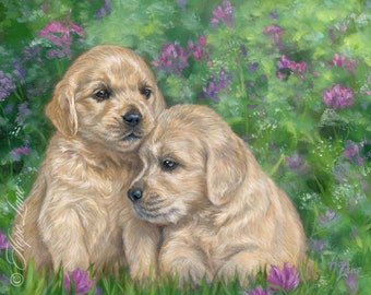 Cute Golden Retriever Puppies and Flowers wall art dog illustration puppy picture golden retriever painting dog canvas dog art wall decor
