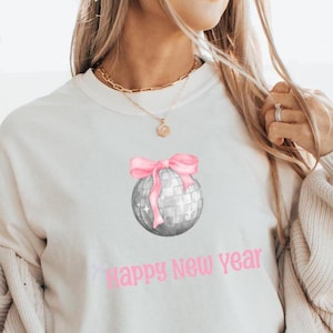 Comfort Colors New Year Shirt, Happy New Year, Pink Bow Shirt, NYE shirt, New Years Eve Shirt, Coquette, Retro Disco Ball, Vintage Unisex