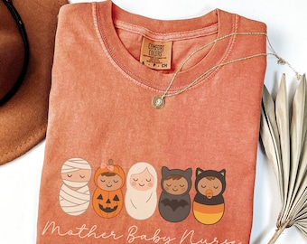 Camiseta de Halloween para madre, bebé y enfermera, colores cómodos, moderna y espeluznante, para enfermera de la UCIN, otoño, octubre, para envolver, regalo de Halloween para unidad de enfermería