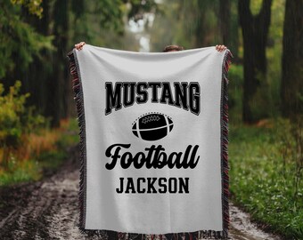 Manta tejida de fútbol personalizada, mascota del equipo y nombre del jugador, manta de fútbol personalizada para otoño, decoración de habitación de niños, regalo para mamá futbolera
