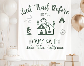 Camp Bachelorette Banner Custom Party Backdrop Glamping Tapestry Decor Personalized Sign for Bach Camping Weekend Lake Cabin Hiking Trip