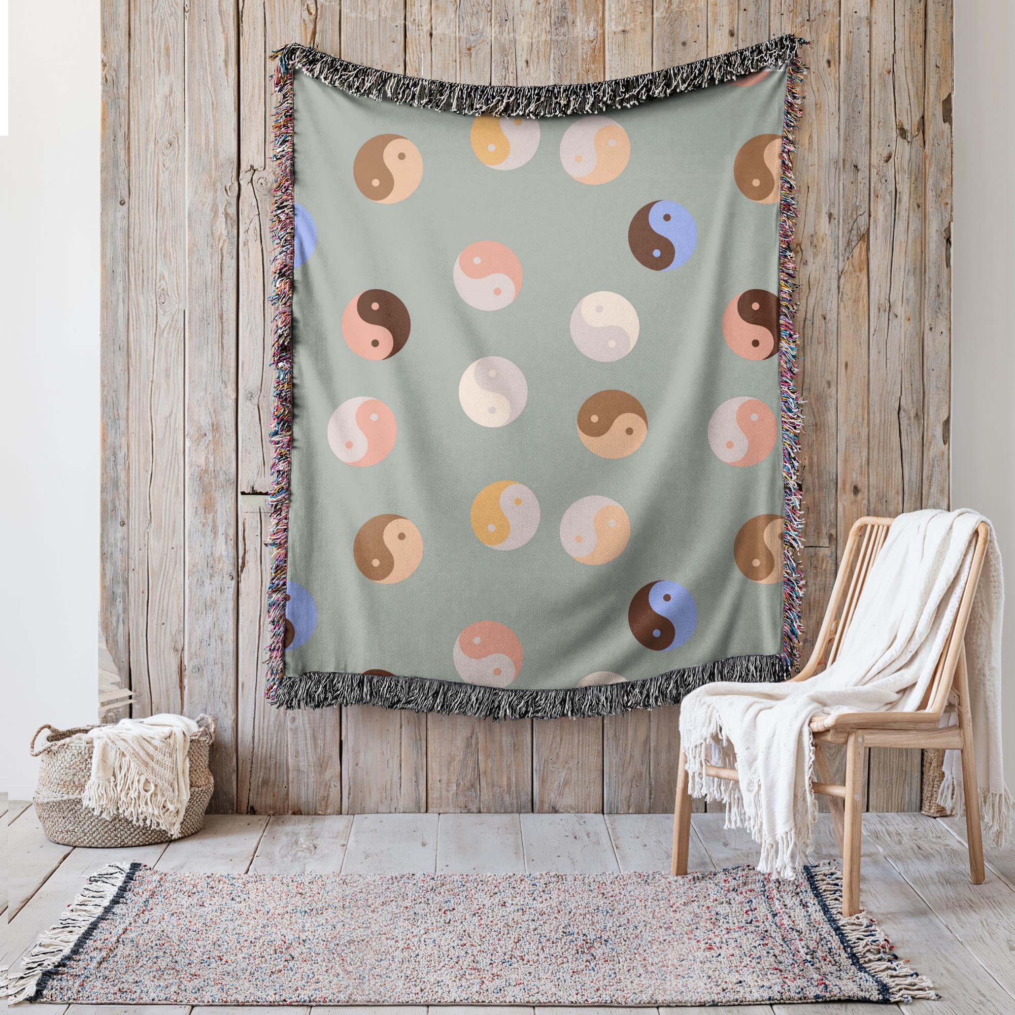 90s Retro Yin Yang Woven Throw Blanket Sage Green 90s Aesthetic