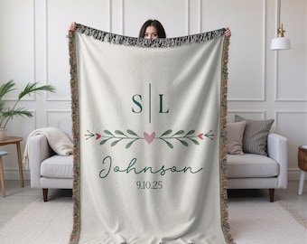 Personalized Wedding Woven Blanket Couple Initials Second Anniversary Gift For Wife Cotton Anniversary Tapestry Blanket Custom Newlywed Gift