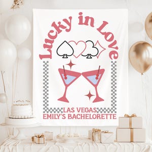 Lucky In Love Bachelorette Banner Custom Las Vegas Bridal Shower Decoration Casino Night Theme Bach Sign Bride Girls Weekend Retro Jackpot