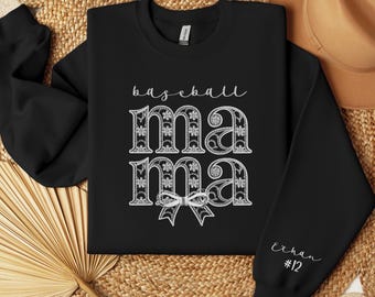 Custom Baseball Mom Sweatshirt Personalized Baseball Mama Crewneck Kids Name and Number on Sleeve Ballpark Mom Sweater Baseball Mom Gift