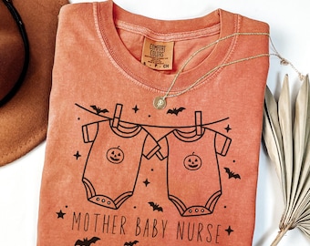 Camiseta de Halloween para madre, bebé y enfermera, colores cómodos, coqueta, espeluznante, para enfermera de la UCIN, otoño, octubre, para envolver, regalo de Halloween para unidad de enfermería