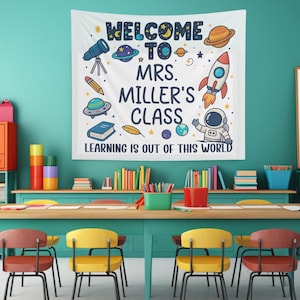Custom Space Theme Back to School Classroom Tapestry Personalized New Teacher Name Wall Sign Welcome Back Space Scene Classroom Decoration