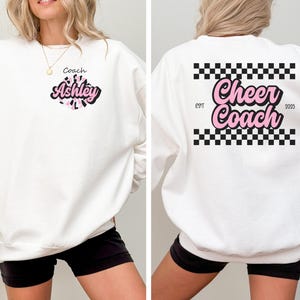 Personalized Coquette Cheer Coach Sweatshirt Cheerleading Coach Gift Trendy Checkered y2K Aesthetic End-of-Season Competitive Squad Banquet