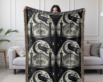 Whimsigoth Crow Woven Blanket Dark Academia Raven Goblincore Crow Core Gothic Home Decor Keepsake Gift Vintage Rustic Halloween Aesthetic