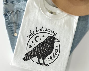 Comfort Colors Crow Halloween Shirt Gothic Clothes Cute but Scary Witchy Raven Whimsigoth Aesthetic Dark Academia Gift Halloween Womens Tee