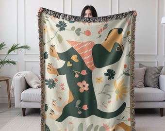 Gift for Dachshund Owner Woven Blanket For Dog Mom Reader Cottagecore Wildflower Throw Weenie Dog Pet Lover Cozy Doxie Owner Floral Blanket