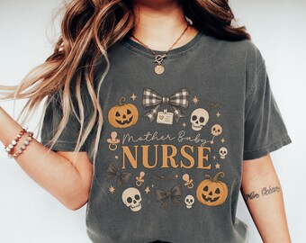 Camiseta de Halloween para madre, bebé y enfermera, colores cómodos, coqueta, espeluznante, para enfermera de la UCIN, otoño, octubre, para envolver, regalo de Halloween para unidad de enfermería