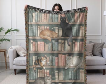 Vintage Bookshelf Library Woven Blanket Cat Lover Gift For Editor Reader Cottagecore Cat Books Blanket For Book Lover Cozy Reading Blanket