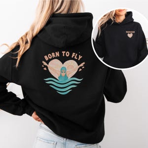 Moletom com capuz personalizado para nadador, com nome, borboleta, para equipe de natação feminina, presente de natação personalizado, treinador de natação, moletom com capuz para nadador competitivo