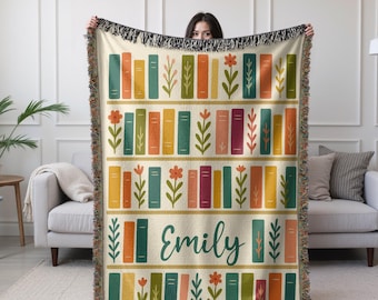 Vintage Bookshelf Library Woven Blanket Custom Book Club Gift For Reader Cottagecore Wildflower Blanket For Book Lover Cozy Floral Blanket