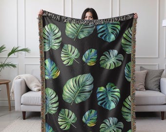 Houseplant Woven Blanket Monstera Throw Blanket Dark Academia Aesthetic Plant Lady Decor Nature Inspired Bedding Botanical Gardener Gift