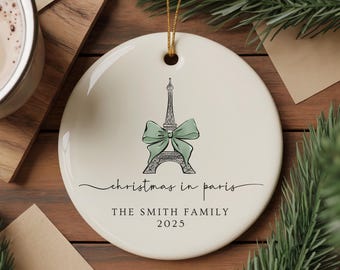 Custom Family Paris Ornament Christmas in Paris 2025 Ornament with Eiffel Tower Coquette Green Bow Personalized Travel Keepsake Family Gift