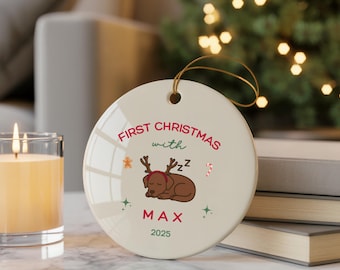 Ornamento personalizzato per cani, primo Natale con un Labrador cioccolato, ornamento natalizio personalizzato per cani marroni, regalo per amanti degli animali, ricordo, regalo di famiglia per cani