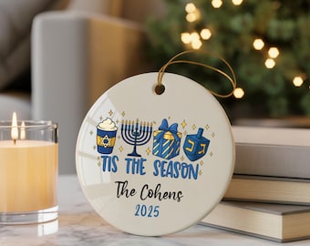 Custom Tis The Season Hanukkah Ceramic Ornament Jewish Holiday Festival of Lights Family Keepsake Hanukkah Christmas Tradition Menorah Stars