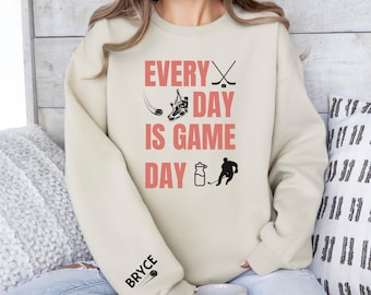 Hockey mom custom sweatshirt with name on sleeve hockey mama personalized sweatshirt mothers day crewneck game day hockey sweater ice hockey