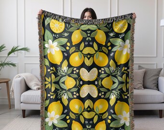 Woven Lemon Blanket for Italy Lover Dark Background Amalfi Coast-Inspired Mothers Day Gift Aesthetic Gifts Nonna Home Decor Italian Heirloom