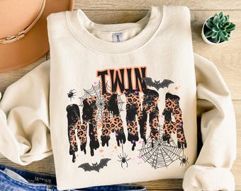 Twin Mama Halloween Sweatshirt Spooky Season Fall Mom Crewneck Sweater Baby Shower Gift for New Mom of Twins Hoodie Fall Twin Announcement