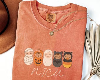 Camiseta de Halloween de la UCIN, colores cómodos, coqueta, espeluznante, regalo para la unidad de madre y bebé, camiseta de otoño y octubre, camiseta de enfermera para envolver, camiseta de enfermera neonatal de Halloween