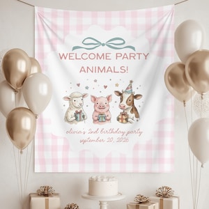 May include: A rectangular fabric backdrop featuring a light pink and white gingham pattern. The center displays a white scalloped shape with a blue bow, the text WELCOME PARTY ANIMALS!, illustrations of a sheep, pig, and cow holding gifts, and the text olivia's 2nd birthday party september 20, 2026.