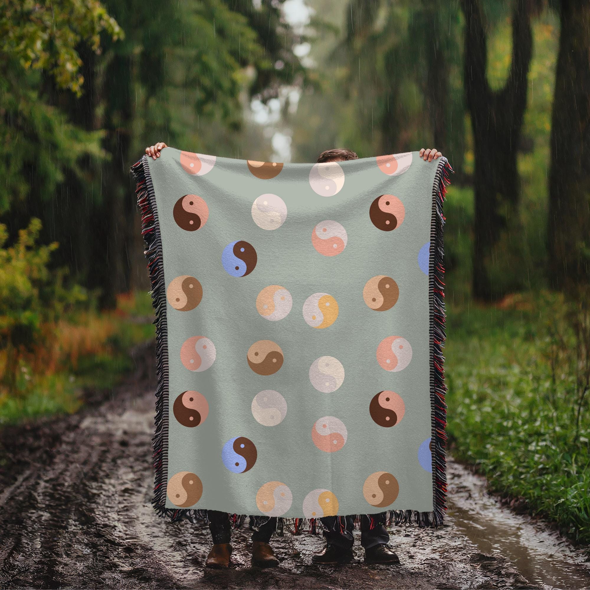 90s Retro Yin Yang Woven Throw Blanket Sage Green 90s Aesthetic